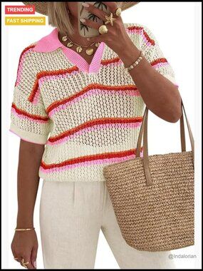 Crochet Short Sleeve Striped Pullover Sweater V-Neck Knit Cover Up Top